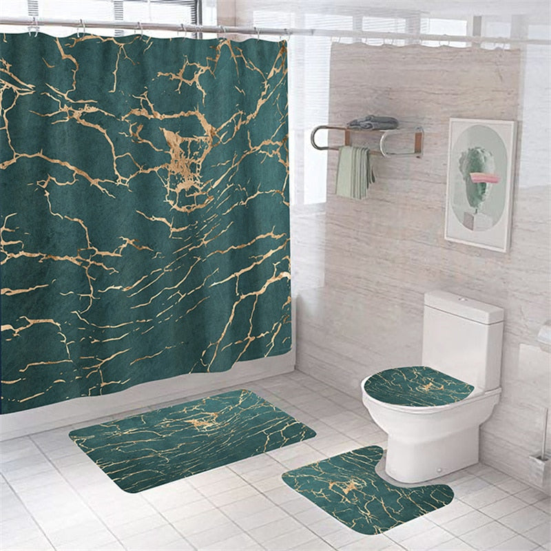 Luxury 3D Marble Shower Curtain, Rug, Toilet Set Polyester Fabric Waterproof Set