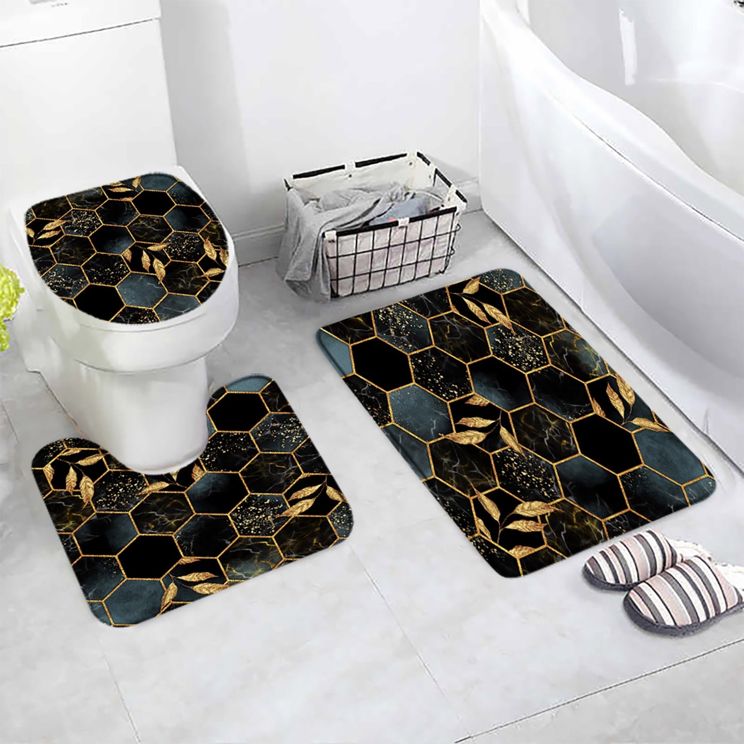 Black Marble Bath Mats 3pcs Sets Gold Grey Lines Creative Abstract Geometric Art Home Bathroom Door Rug Anti-Slip Toilet Lid Mat