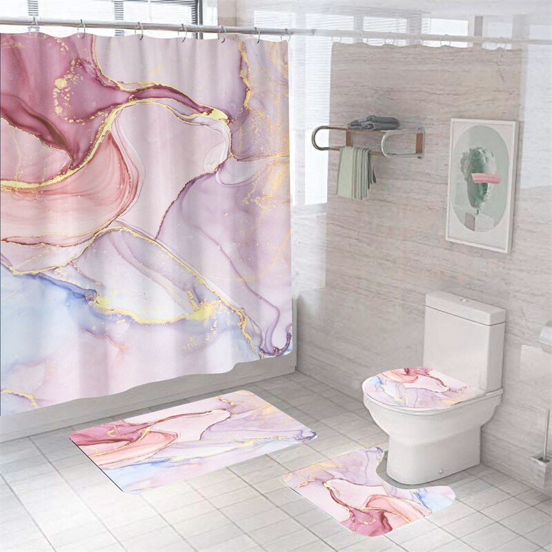 Luxury 3D Marble Shower Curtain, Rug, Toilet Set Polyester Fabric Waterproof Set