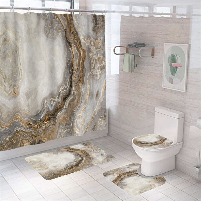 Luxury 3D Marble Shower Curtain, Rug, Toilet Set Polyester Fabric Waterproof Set