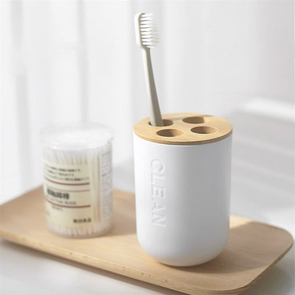 Bamboo Soap Dispenser Toothbrush Holder Bathroom Accessories Set Modern Household Bath Room Supply Shower Gel Dish Soap Rack Cup