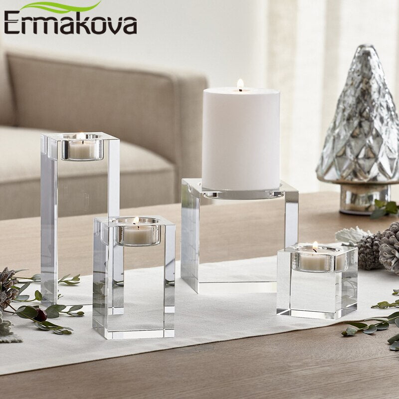 ERMAKOVA Candle Holder Solid Crystal Clear Square Glass Pillar Tealight Holder for Wedding Home Decoration Candlelight Dinner