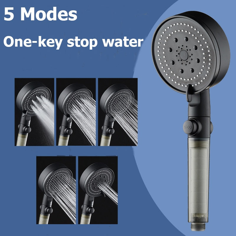 Zloog 5 Mode Bathroom Shower Set Stop Button Black High Pressure Shower Head Water Saving Filter Showerhead Bathroom Accessories