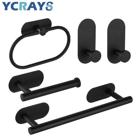 No Drilling Black Bathroom Accessories Sets Toilet Tissue Roll Paper Holder Towel Rack Bar Rail Ring Robe Clothes Hook Hardware