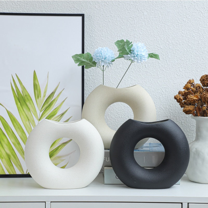 Nordic Ceramic Vase Circular Hollow Donuts Flower Pots (Multi Styles/ Colors)