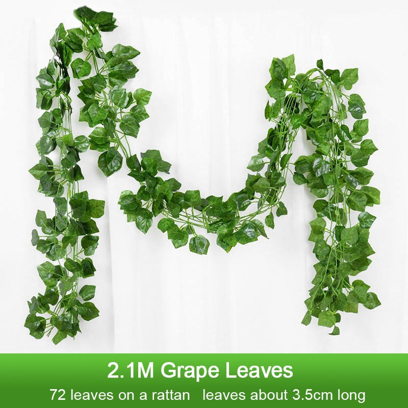 2.1M Artificial Plant Green Ivy Leaf Garland Silk Wall Hanging Vine Home Garden Decoration DIY Fake Wreath Leaves