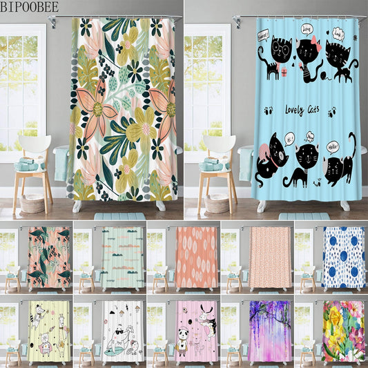 Beautiful Flowers Shower Curtain Cartoon Animal Printed with Hooks