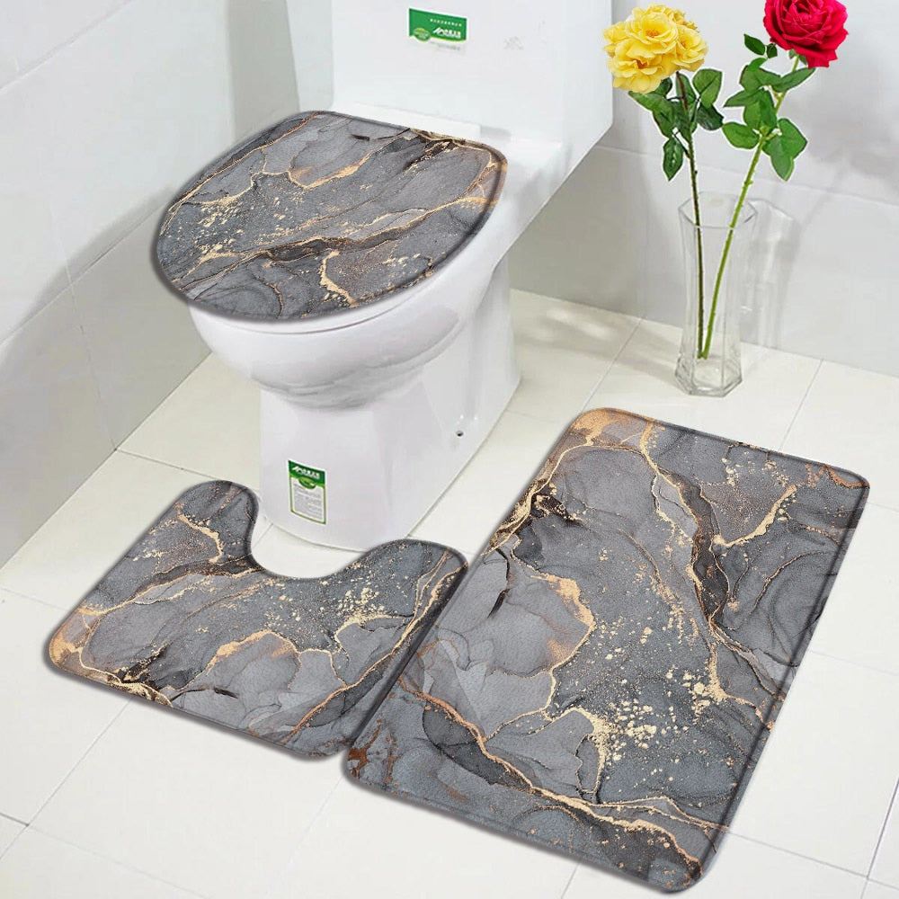 Black Marble Bath Mats 3pcs Sets Gold Grey Lines Creative Abstract Geometric Art Home Bathroom Door Rug Anti-Slip Toilet Lid Mat