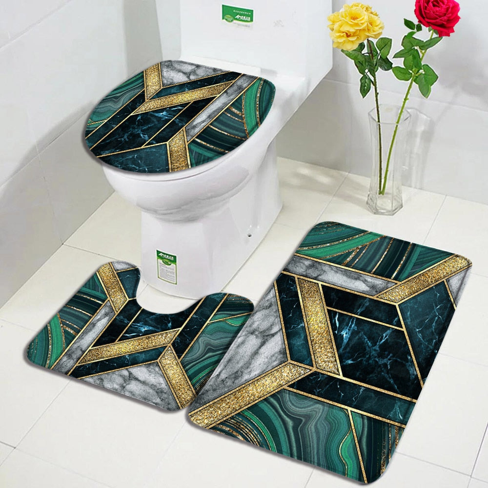 Black Marble Bath Mats 3pcs Sets Gold Grey Lines Creative Abstract Geometric Art Home Bathroom Door Rug Anti-Slip Toilet Lid Mat