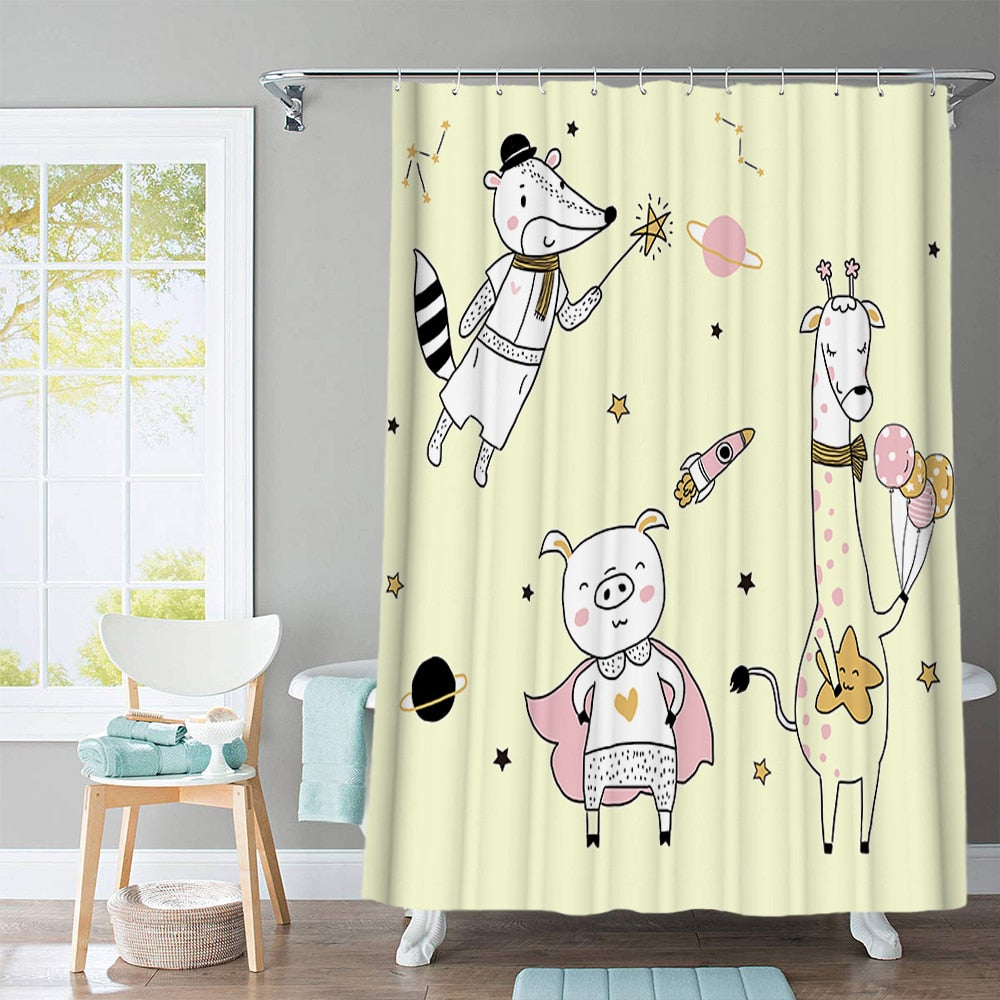 Beautiful Flowers Shower Curtain Cartoon Animal Printed with Hooks