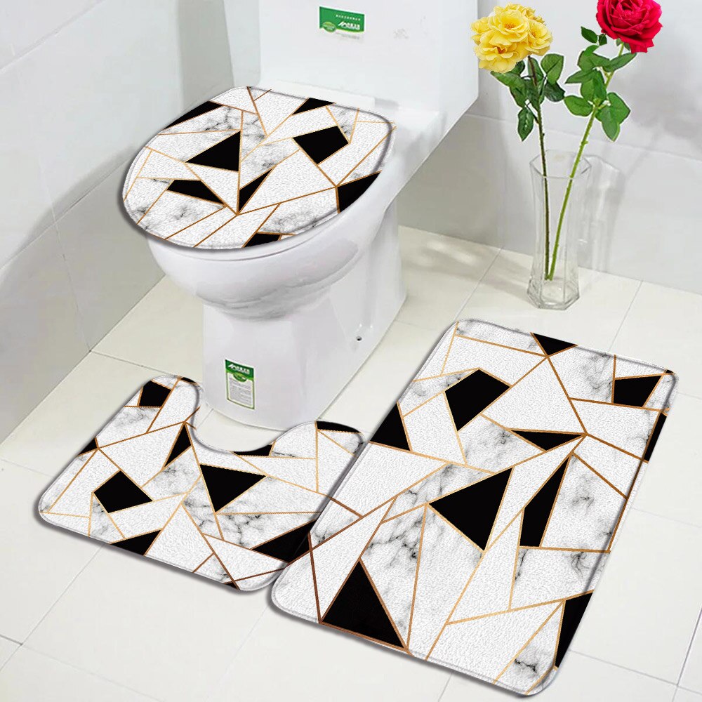 Black Marble Bath Mats 3pcs Sets Gold Grey Lines Creative Abstract Geometric Art Home Bathroom Door Rug Anti-Slip Toilet Lid Mat