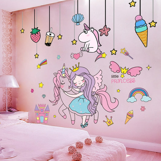 Cartoon Girl Wall Stickers DIY Unicorn Animal Stars Wall Decals