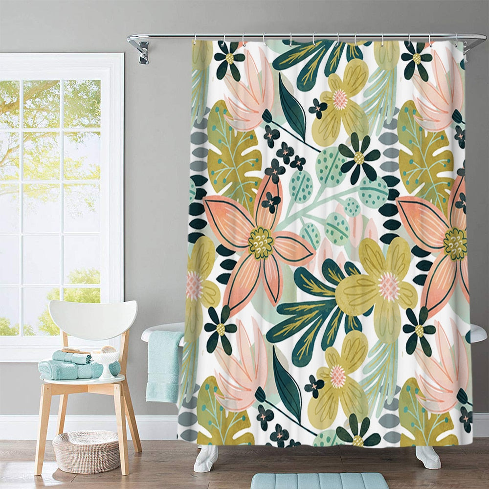 Beautiful Flowers Shower Curtain Cartoon Animal Printed with Hooks