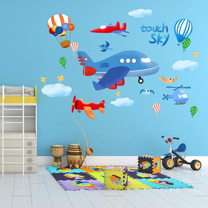 Cartoon Rocket Height Measure Wall Stickers DIY Airplane Clouds Mural Decals for Kids Rooms Baby Bedroom Nursery Home Decoration