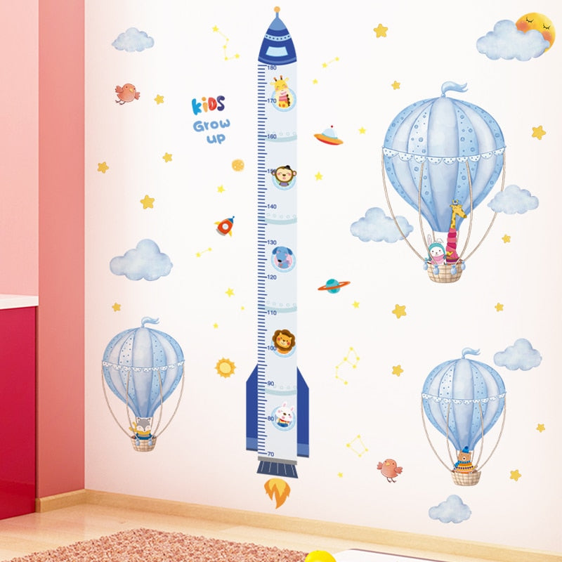 Cartoon Rocket Height Measure Wall Stickers DIY Airplane Clouds Mural Decals for Kids Rooms Baby Bedroom Nursery Home Decoration