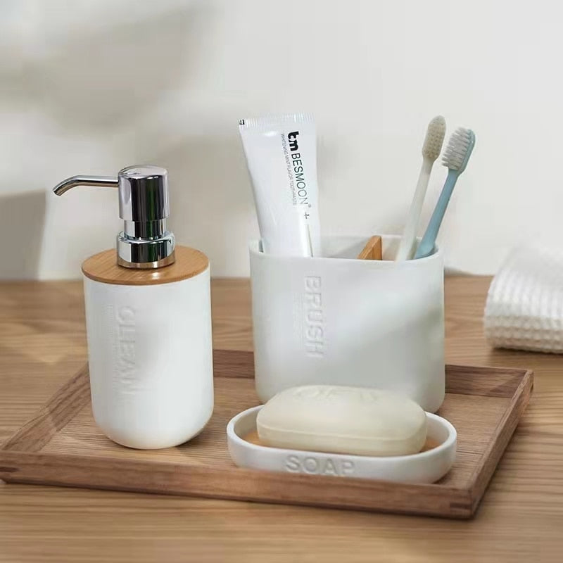 Bamboo Soap Dispenser Toothbrush Holder Bathroom Accessories Set Modern Household Bath Room Supply Shower Gel Dish Soap Rack Cup