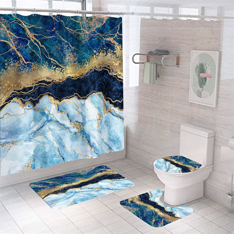 Luxury 3D Marble Shower Curtain, Rug, Toilet Set Polyester Fabric Waterproof Set