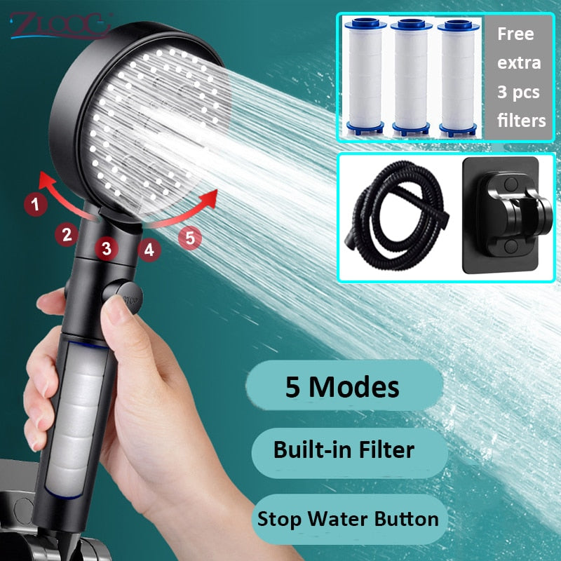 Zloog 5 Mode Bathroom Shower Set Stop Button Black High Pressure Shower Head Water Saving Filter Showerhead Bathroom Accessories