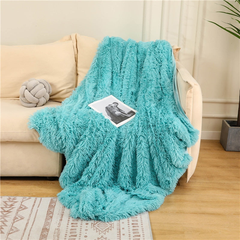 Fluffy Long Plush Throw Blanket Super Soft Double-sided Bedspread