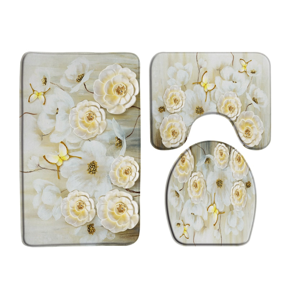 Elegant Bouquet of Fantastic White Flowers 3D Style Bathroom Set  (Multi Styles/Colors)