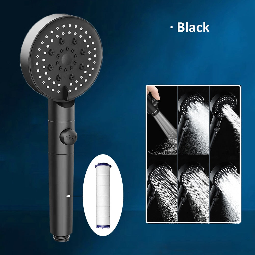 Zloog 5 Mode Bathroom Shower Set Stop Button Black High Pressure Shower Head Water Saving Filter Showerhead Bathroom Accessories