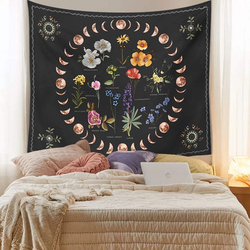 Moon Phase Tapestry Wall Hanging Botanical Celestial Floral Wall Tapestry Hippie Flower Wall Carpets Dorm Decor Starry SkyCarpet