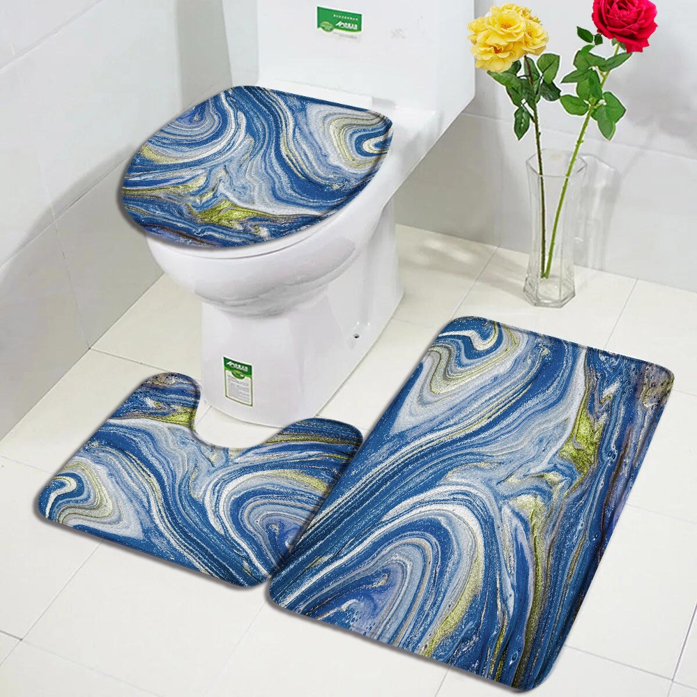 Black Marble Bath Mats 3pcs Sets Gold Grey Lines Creative Abstract Geometric Art Home Bathroom Door Rug Anti-Slip Toilet Lid Mat