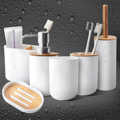 Bamboo Soap Dispenser Toothbrush Holder Bathroom Accessories Set Modern Household Bath Room Supply Shower Gel Dish Soap Rack Cup