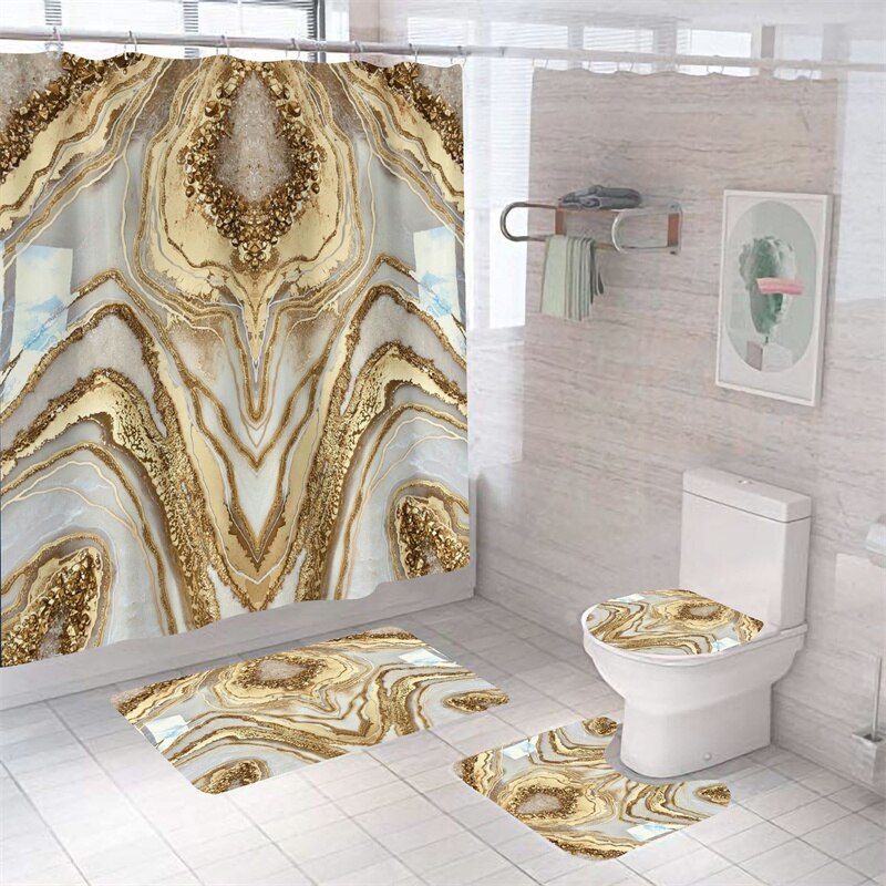 Luxury 3D Marble Shower Curtain, Rug, Toilet Set Polyester Fabric Waterproof Set